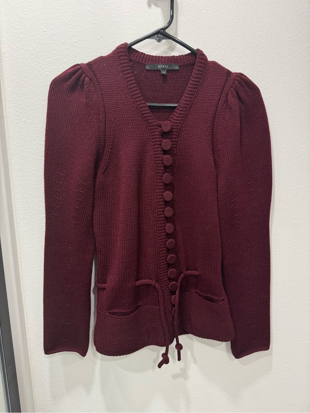 Vintage 2007 Gucci Frida Giannini Burgundy Wool Puff Sleeve Cardigan M